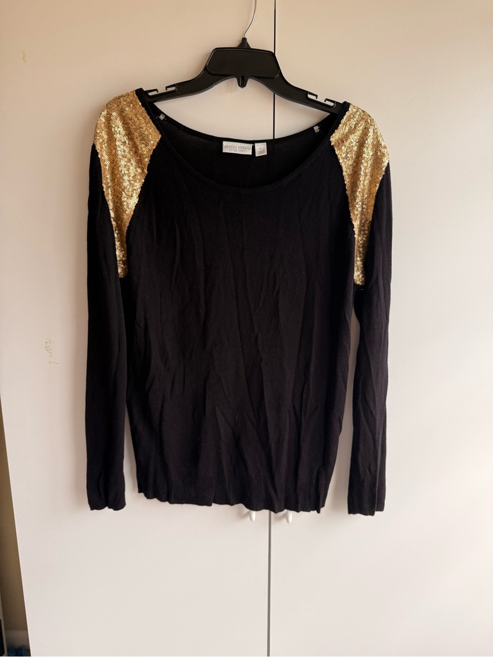Bisou Bisou Black Long Sleeve Top with Gold Sequin Shoulders